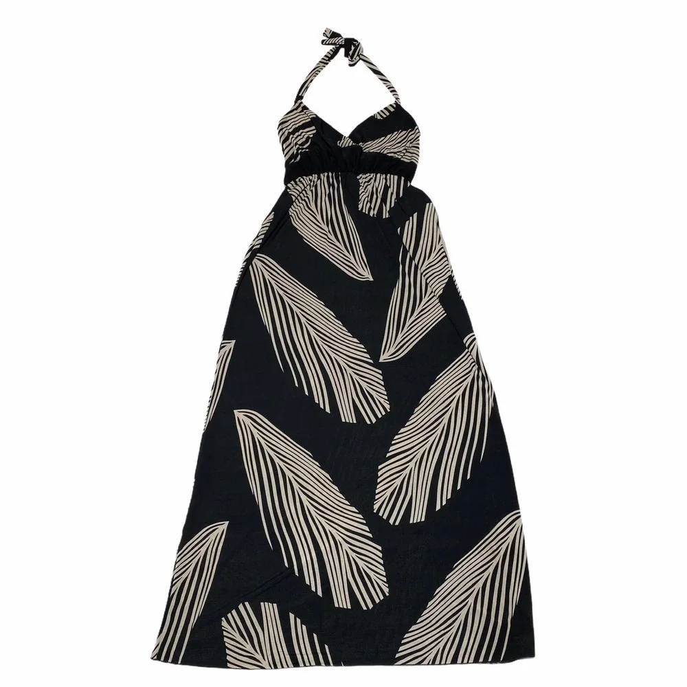 SHEN Jie Black Feather Printed Halter Maxi Dress